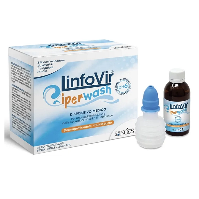 Linfovir Iperwash Soluzione Salina Ipertonica Tamponata 8 Flaconi Da 60 Ml + 1 Erogatore Nasale