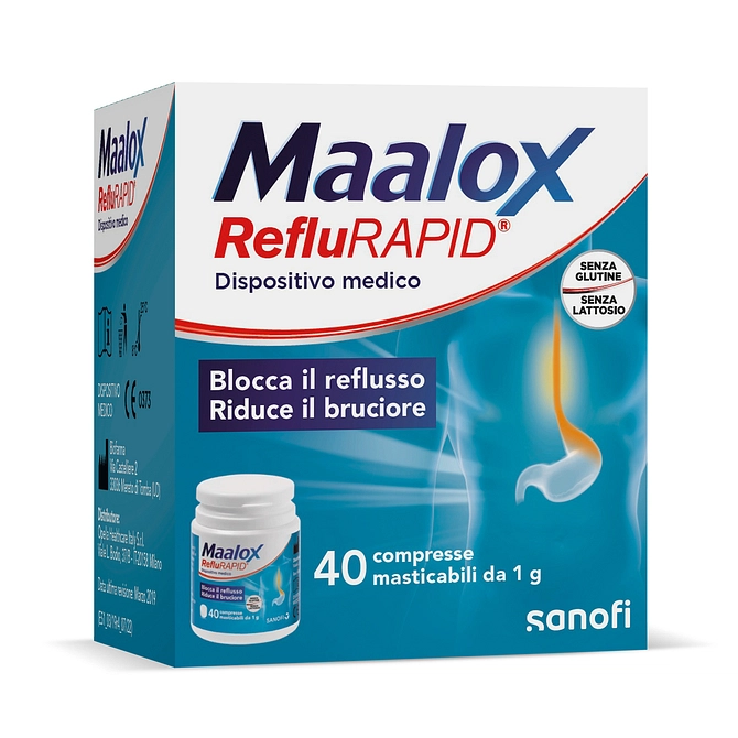 Maalox Reflurapid 40 Compresse, Maalox Reflusso, Senza Lattosio, Senza Glutine